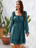 AISWI Women's Tie Back Flowy Dress Long Lantern Sleeve Square Neck Ruffle Elastic Waist Aline Casual Mini Dress - Image 4